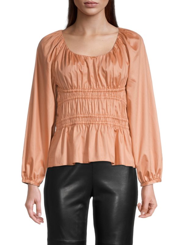 Rebecca Taylor Smocked Blouson-Sleeve Top